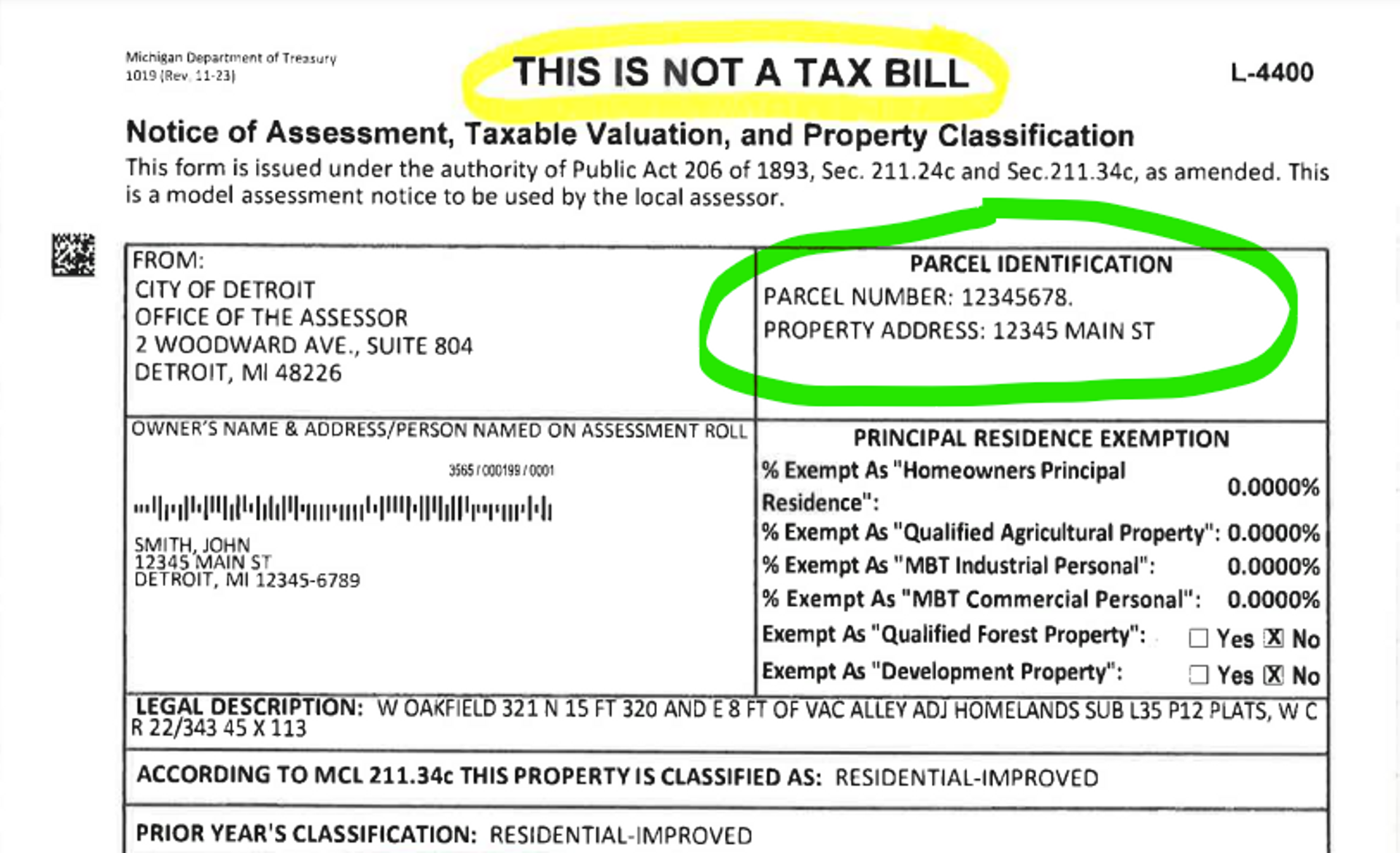 Picture of a Sample Notice of Assessment, showing parcel address and number in upper righthand corner of the first page.